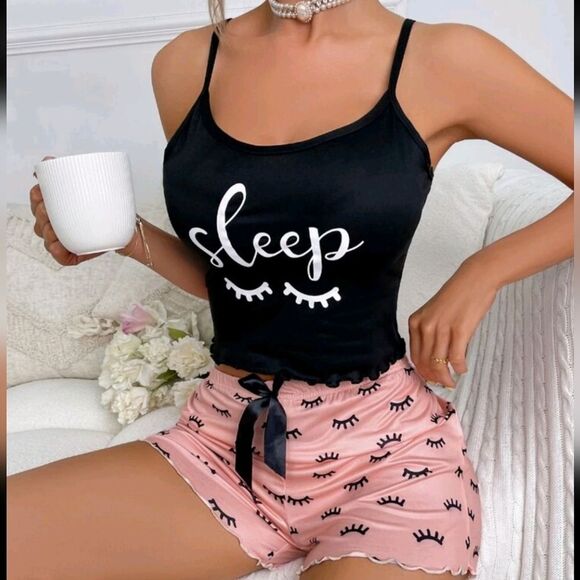 Pink and Black Pajama Set with Playful Patterns - Picture 1 of 8